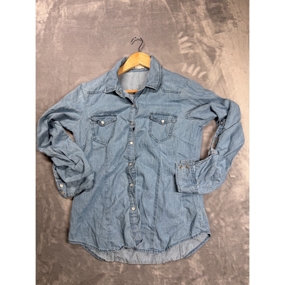 Japna Western Shirt Women Medium Blue Cotton Curved Hem Pearl Snap Cowgirl Ranch